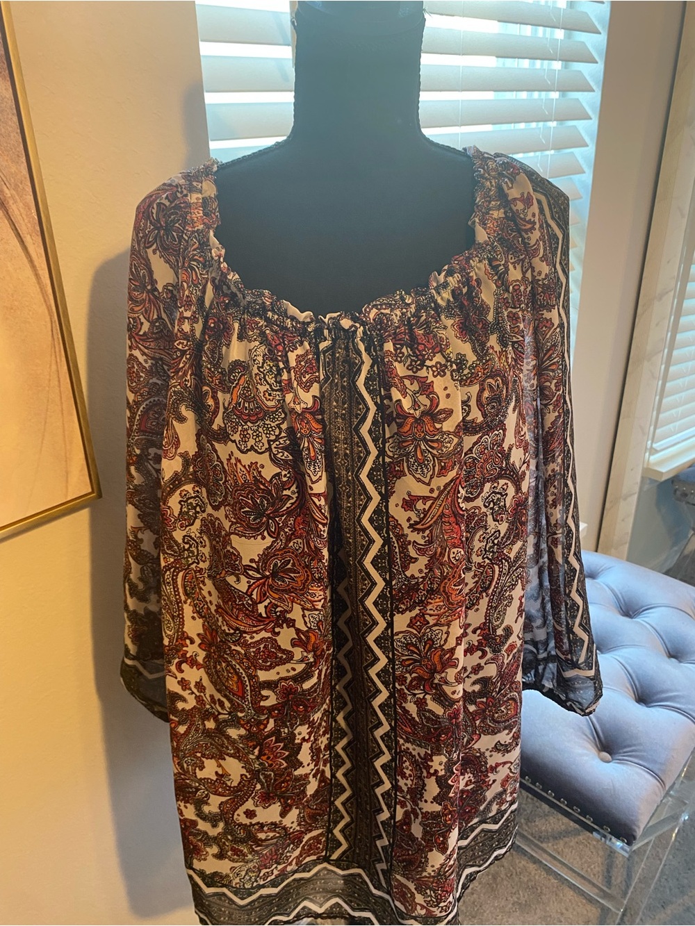 I.N. Studio Paisley Peasant Tunic in Red and Cream
